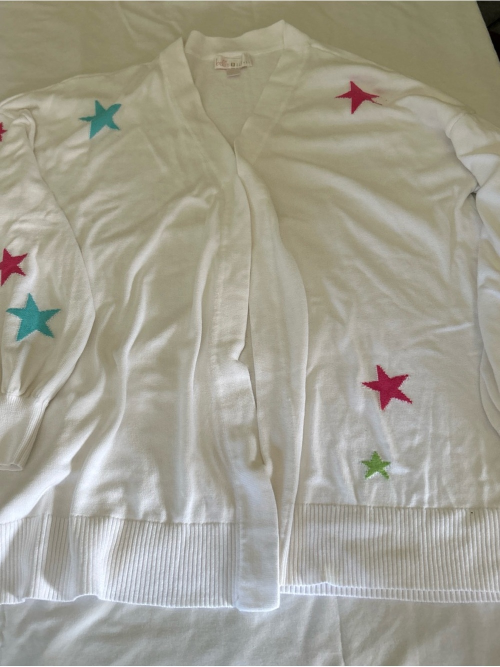 Belle by Kim Gravel White Cardigan with Pink, Teal & Lime Star Embroidery